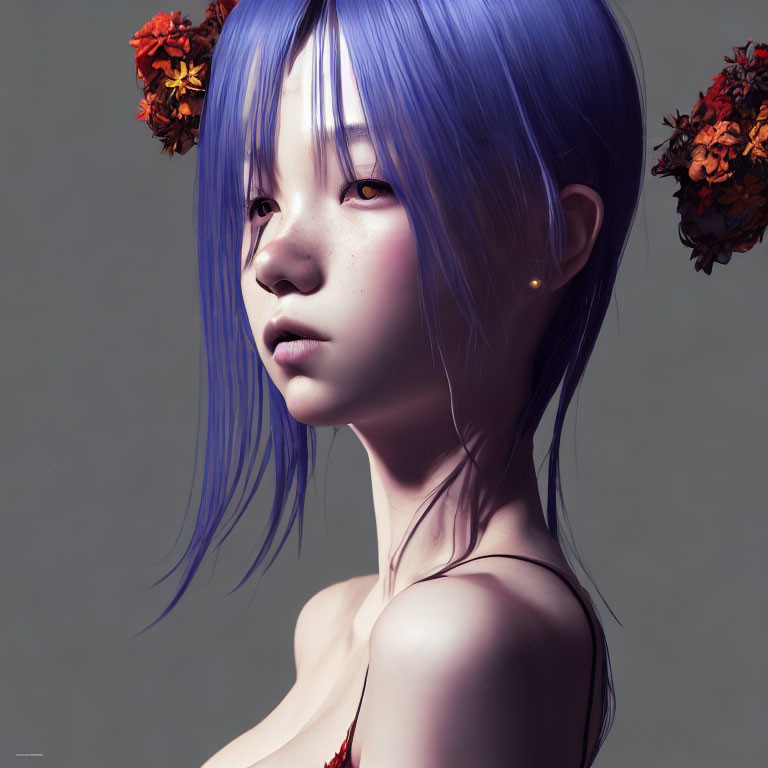 Digital artwork: Girl with Blue Hair & Floral Adornments