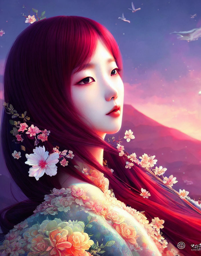 Digital artwork: Woman with red hair and flowers, mountains backdrop