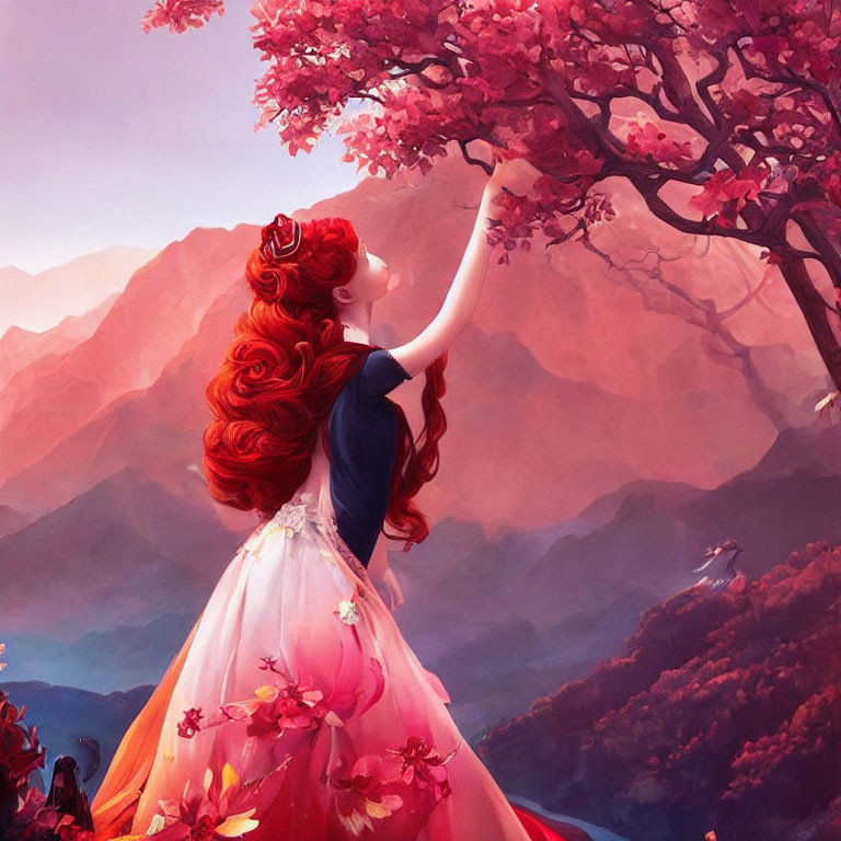 Red-haired woman in pink gown near blossoming tree in mountainous dusk scene