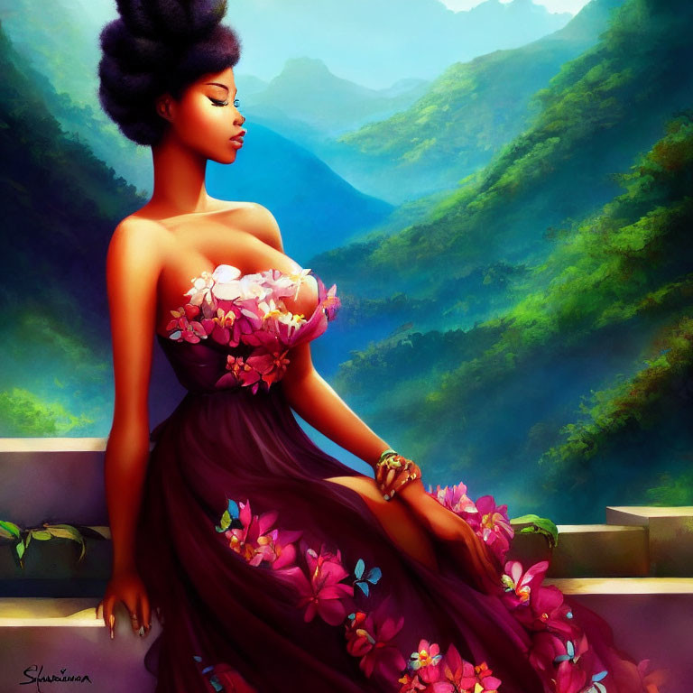 Illustrated woman in purple dress with updo against mountain backdrop