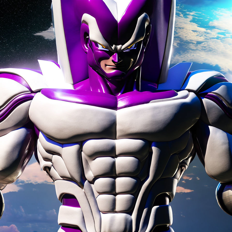 Detailed close-up of 3D animated character in purple and white armor with Earth and space backdrop