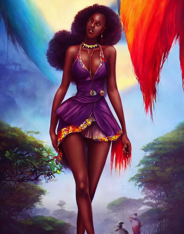 Digital artwork: Woman with voluminous hair in purple dress, gold jewelry, mystical forest backdrop.