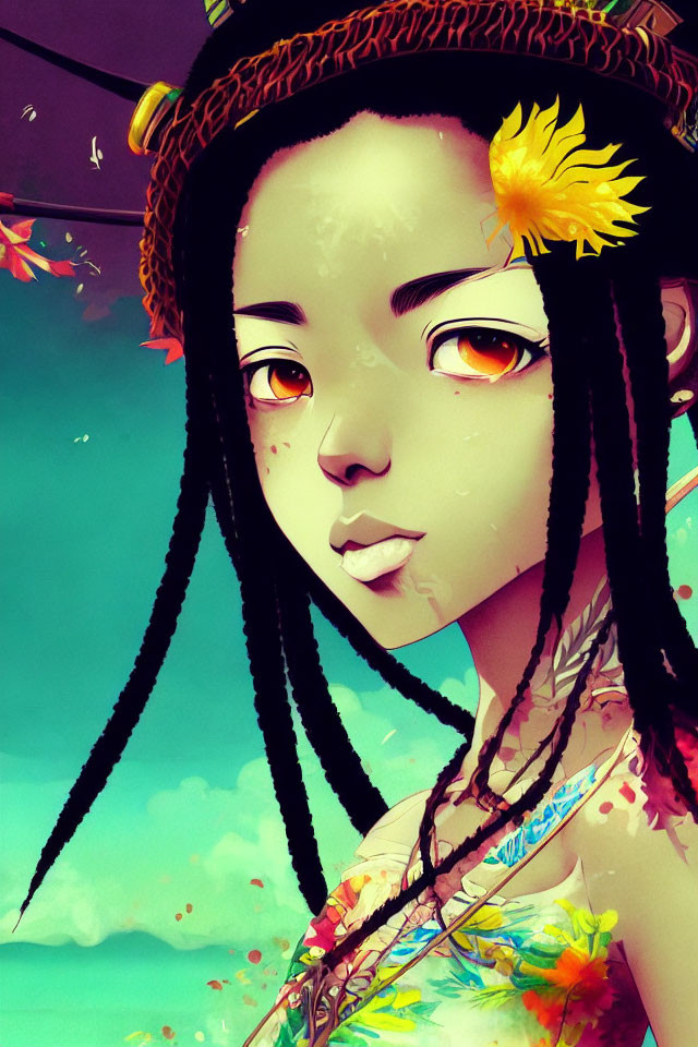 Vibrant illustration of girl with braided hair and flower, teal sky background
