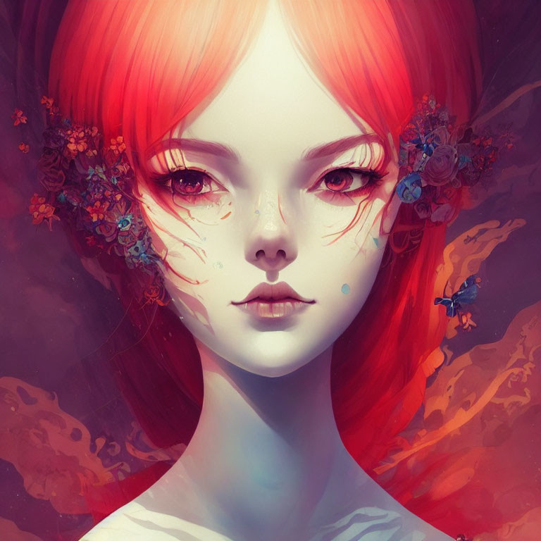 Colorful portrait of a female character with red hair and floral accents
