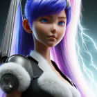 Vibrant blue-haired female character in futuristic armor with lightning backdrop.