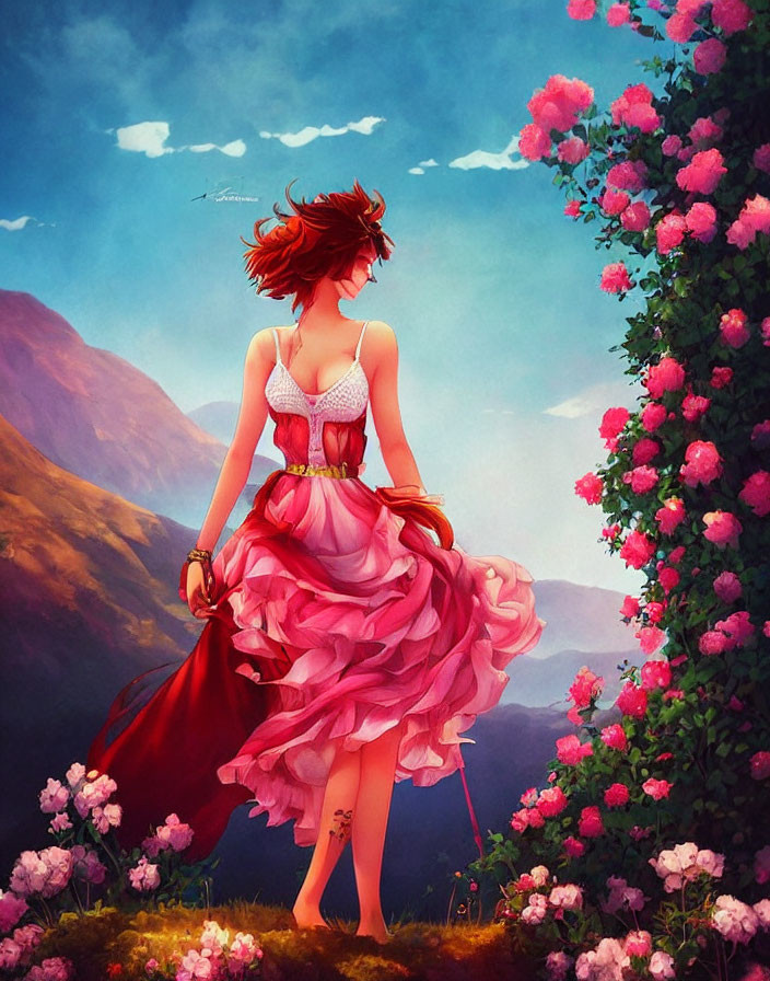 Woman in Pink Dress Surrounded by Roses and Hills
