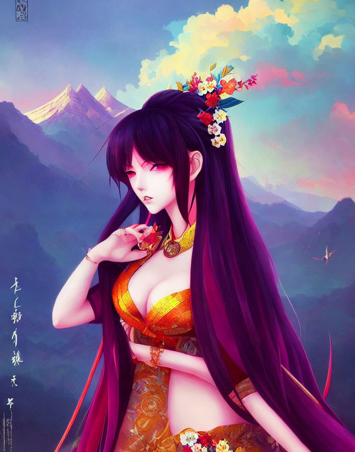 Illustrated female character with long purple hair in traditional attire against mountainous landscape.
