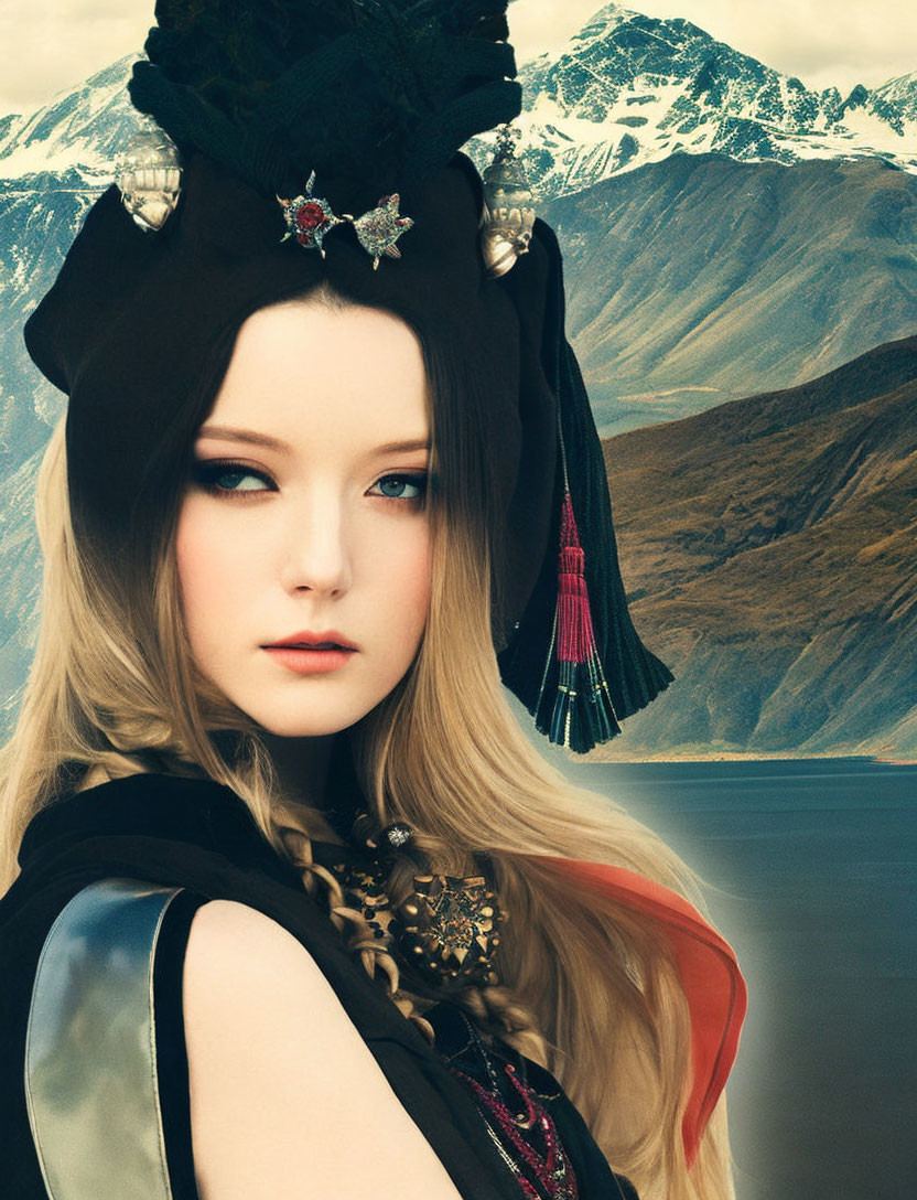 Portrait of woman with pale skin in black headdress against mountain landscape