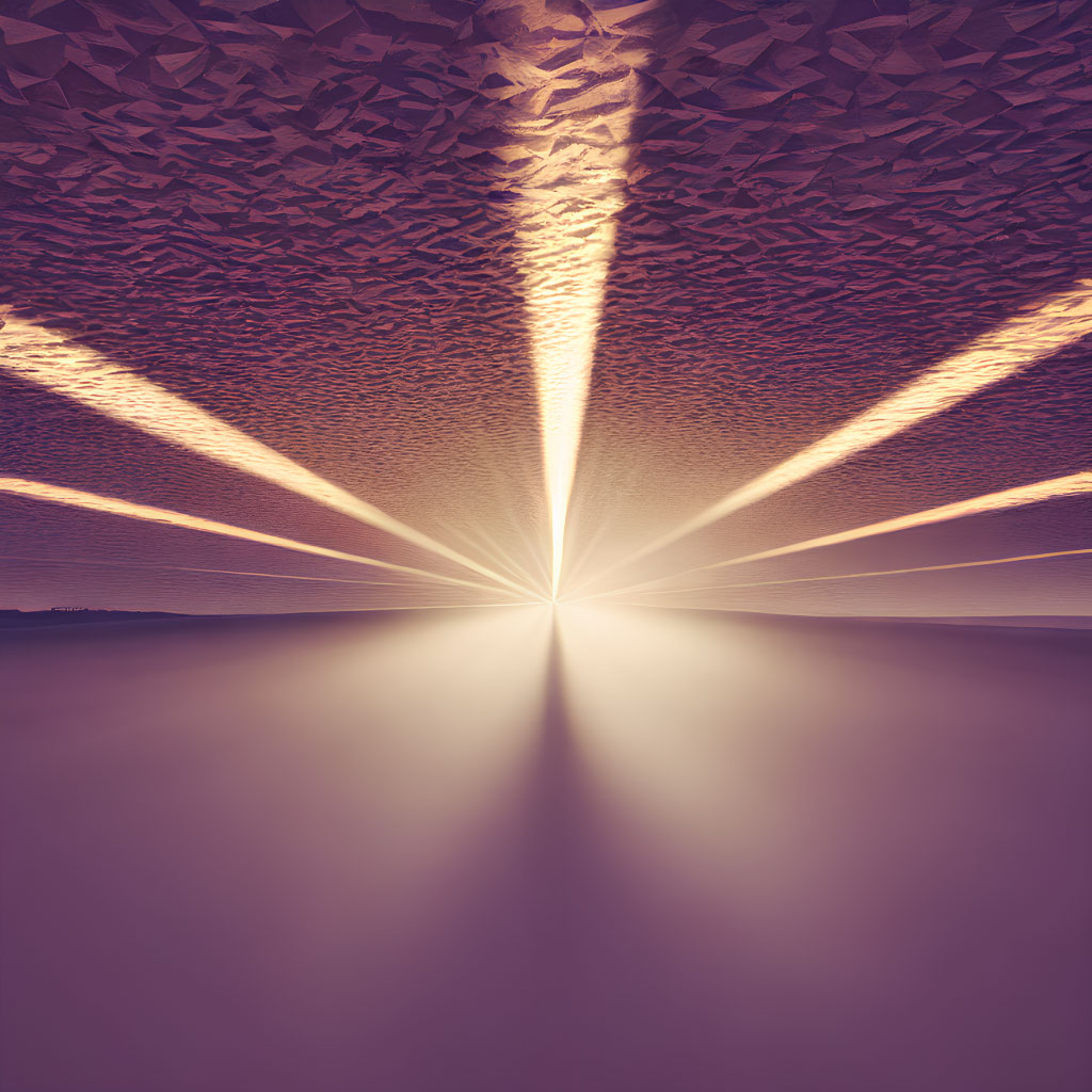 Abstract image of central light source with radiating beams on textured ceiling