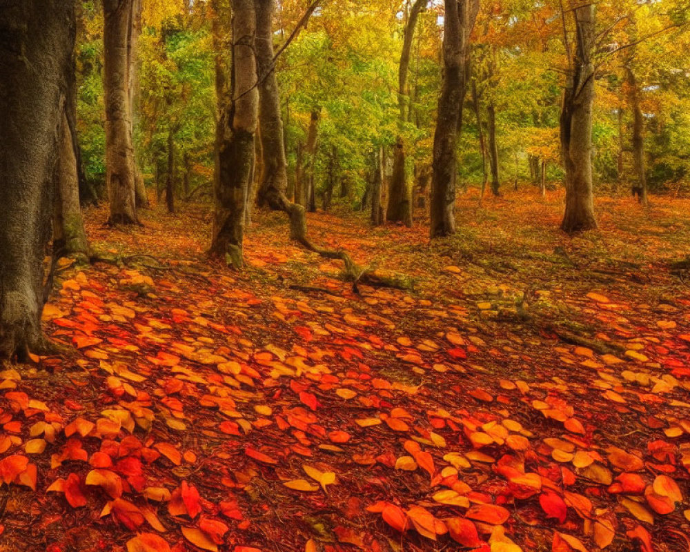 Colorful autumn forest with red and orange leaves on the ground and golden foliage trees