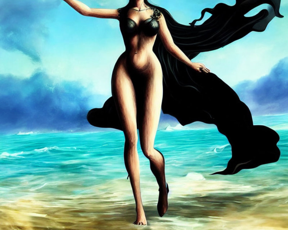 Stylized illustration of woman on beach with flowing black fabric