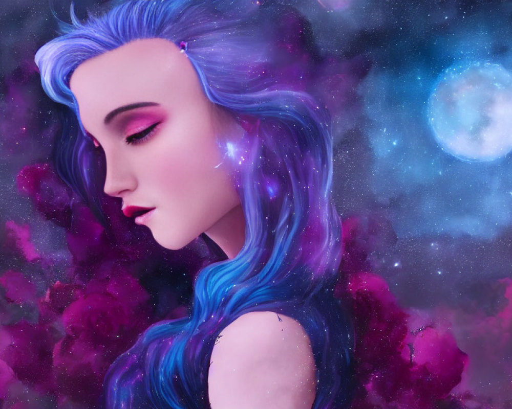 Person with Blue Hair in Purple Space Background with Stars and Moon