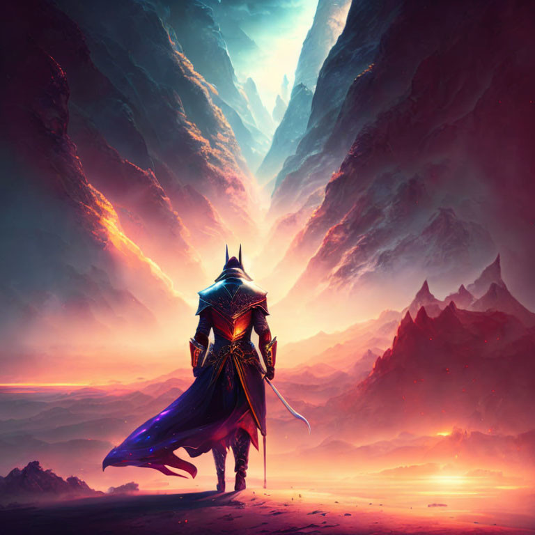 Knight in front of mystical mountain landscape under colorful sky