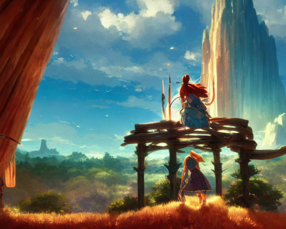 Fantasy landscape with characters on lookout platform amid lush fields and cliffs