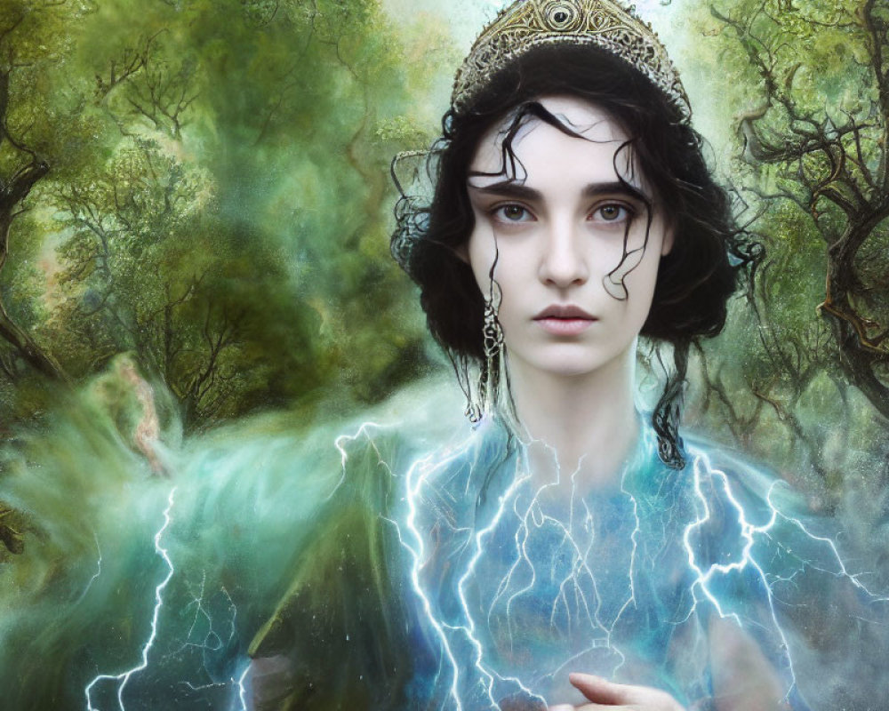 Fantasy portrait of a person with pale skin and dark hair in forest setting