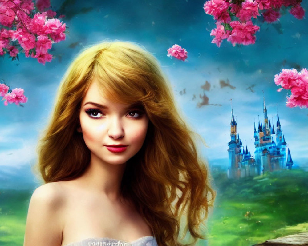 Digital artwork: Young woman with blonde hair at fairytale castle.