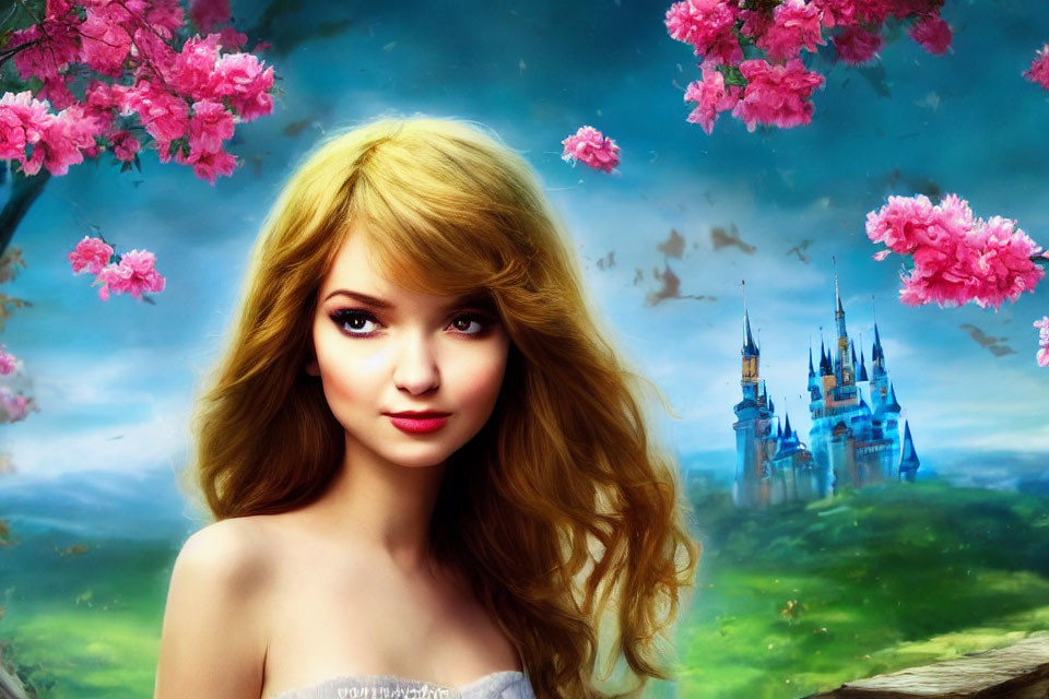 Digital artwork: Young woman with blonde hair at fairytale castle.