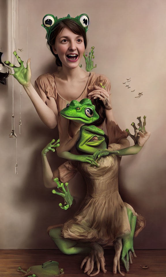 Person transformed with frog features and accessories in creative photo manipulation