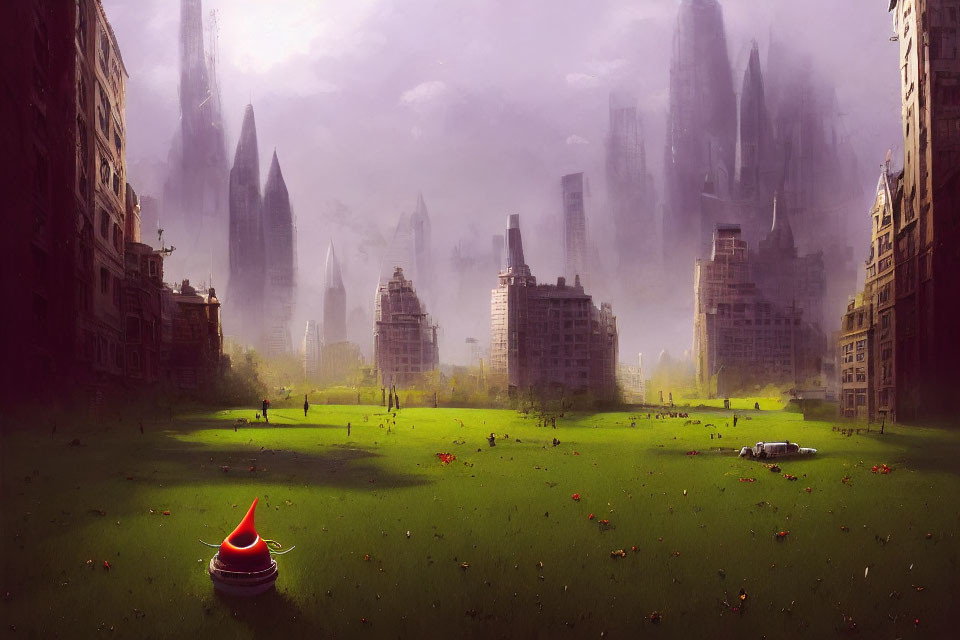 Scenic field with flowers and party hat among ruined buildings