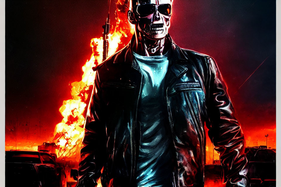 Menacing robot in sunglasses and leather jacket amidst fiery explosions
