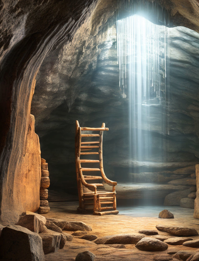 Tranquil cave with wooden rocking chair under shaft of light