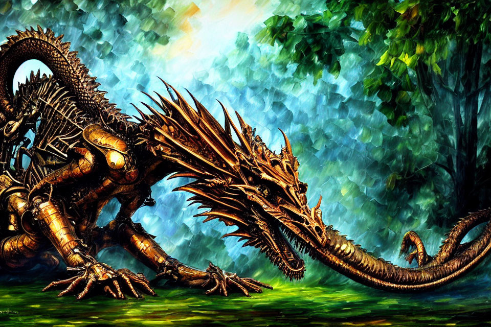 Detailed dragon with sharp spines and scales in lush green forest
