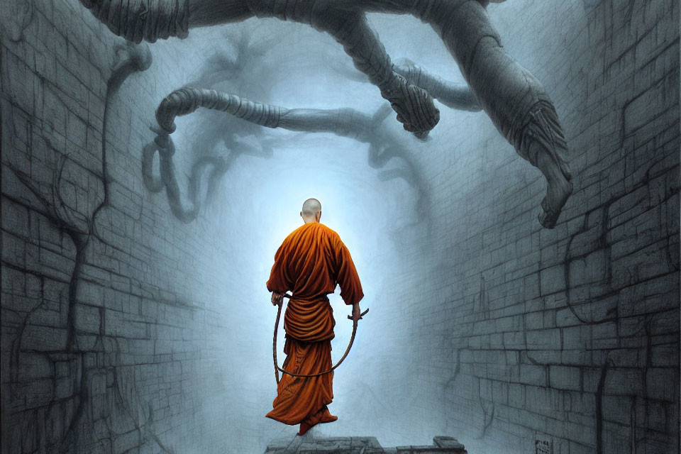 Monk in orange robe gazes at colossal stone hands in canyon.