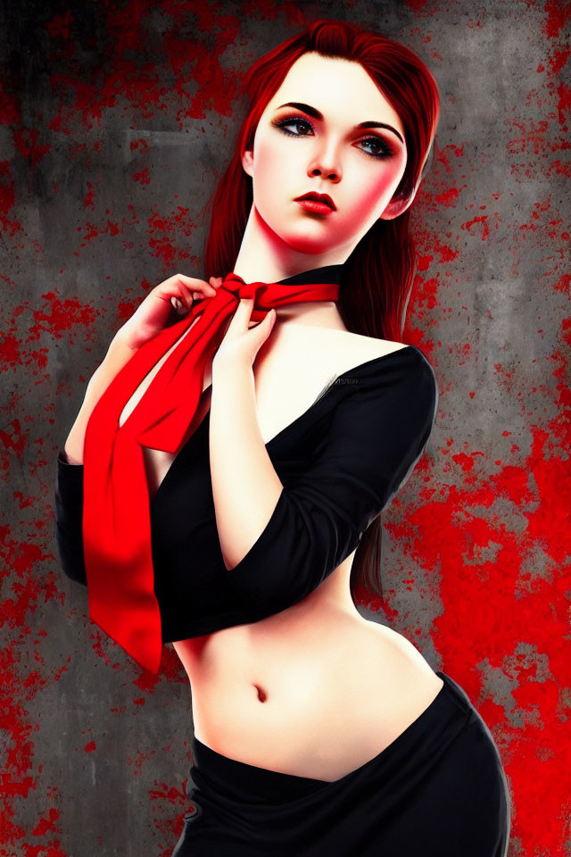 Digital artwork featuring woman with red hair, pale skin, bold makeup, black outfit, and red scarf
