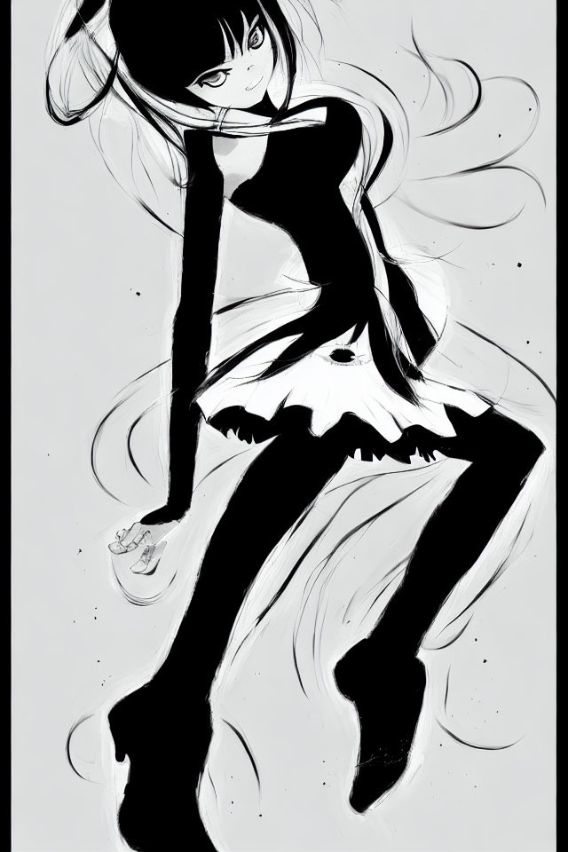 Stylized monochrome anime character with dynamic hair and confident pose