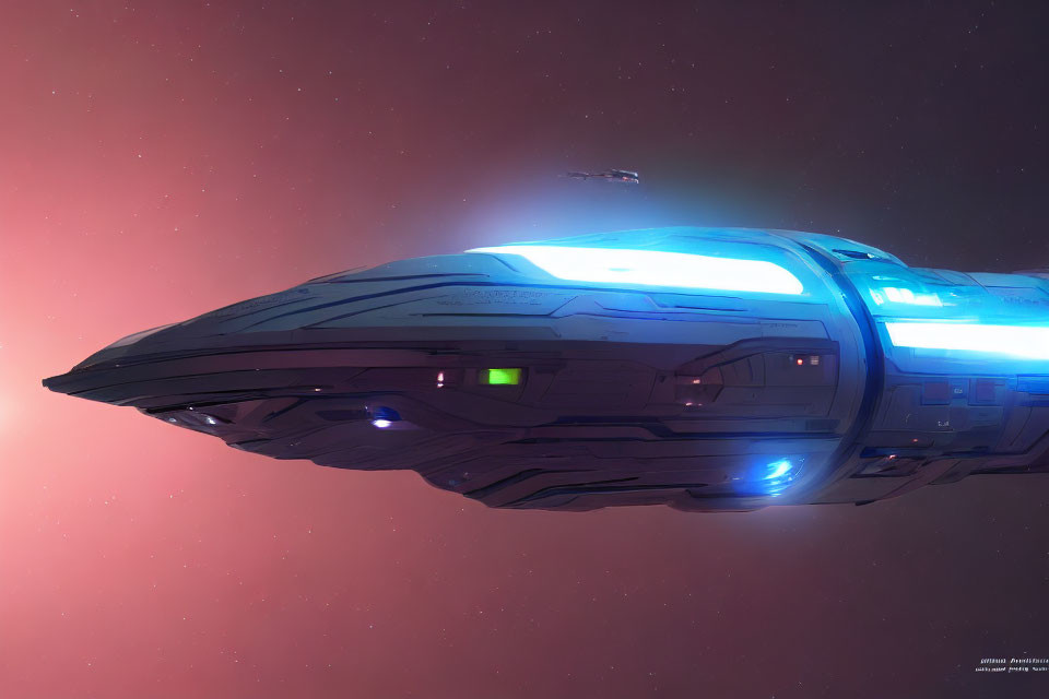 Futuristic spaceship with blue lights in red and purple space.