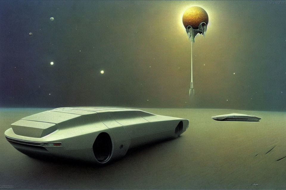 Futuristic cars and spaceship on barren landscape with surreal sky