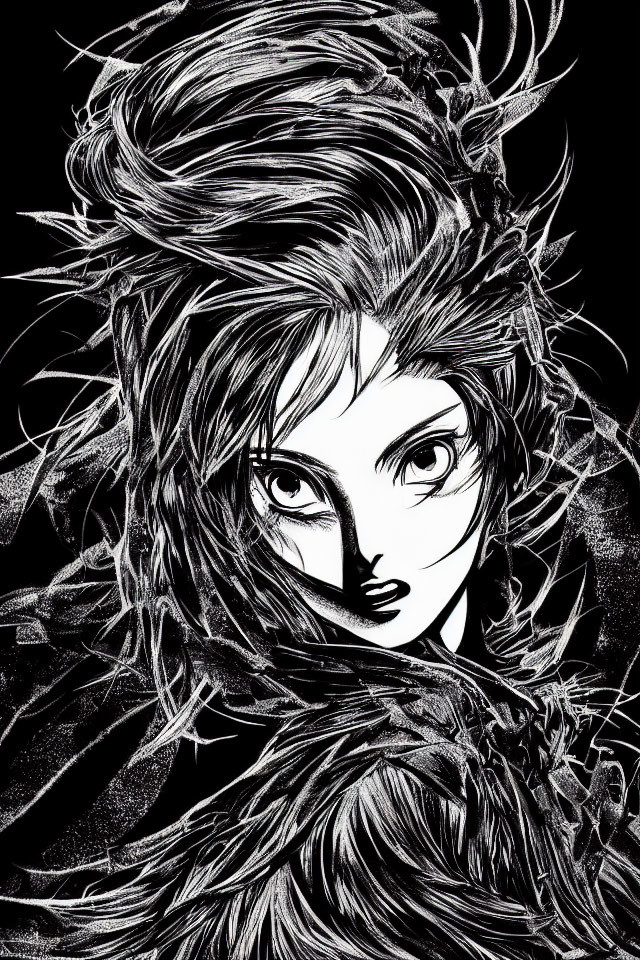 Monochrome illustration of person with dynamic, flowing hair and feathered texture.