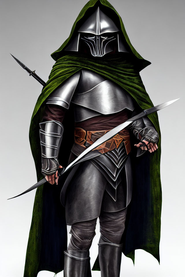 Warrior in metallic armor with green cape, dual swords, and obscured helmet.