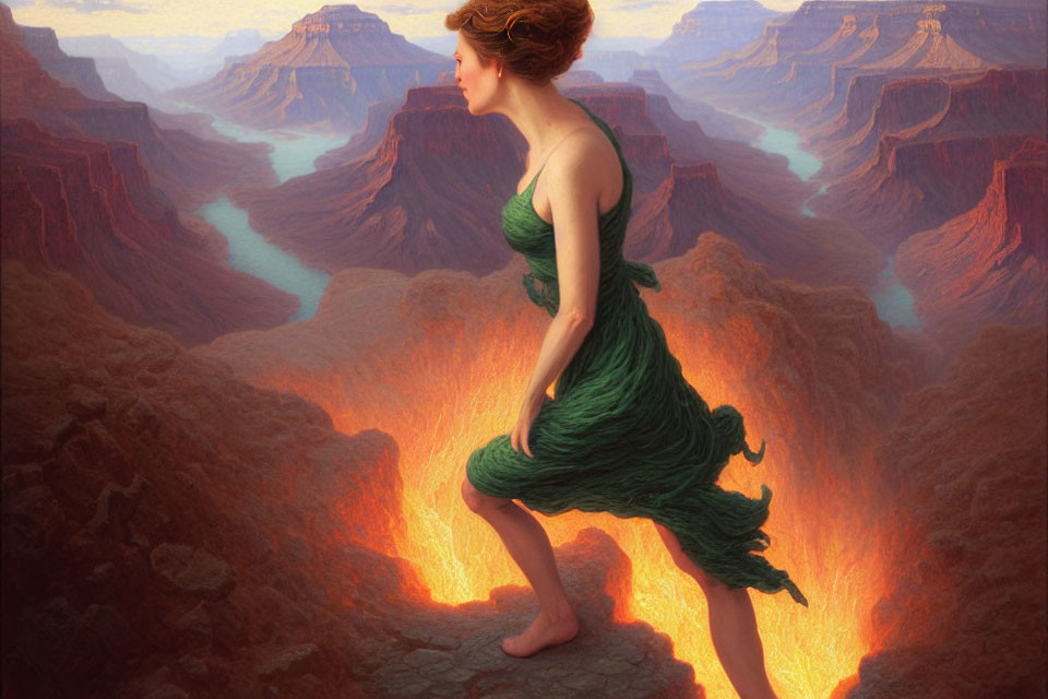 Woman in flowing green dress gazes into fiery canyon chasm
