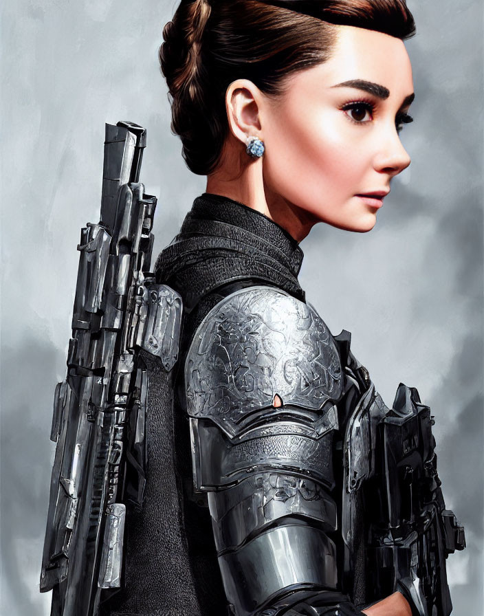 Futuristic armored woman with updo and rifle on grey background