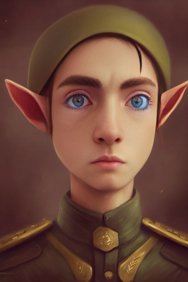Character with Pointed Ears in Green Uniform and Beret, Intense Blue Eyes