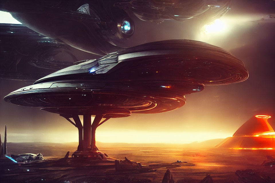 Futuristic spaceship above fiery alien landscape with disc structure