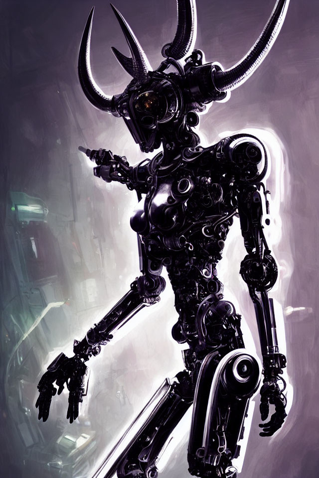 Metallic horned humanoid robot with intricate mechanical details in industrial backdrop