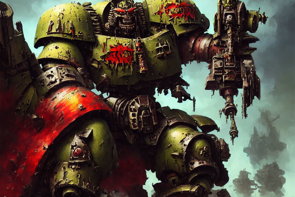 Armored green mech with cannon in gritty war-torn scene