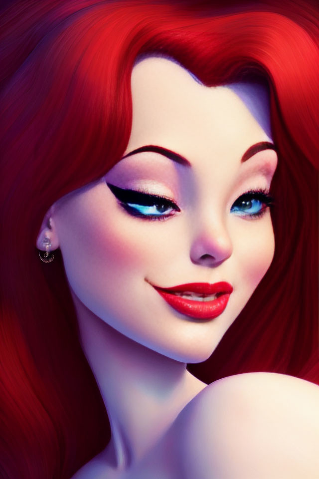 Stylized image of a smiling woman with red hair and blue eyes