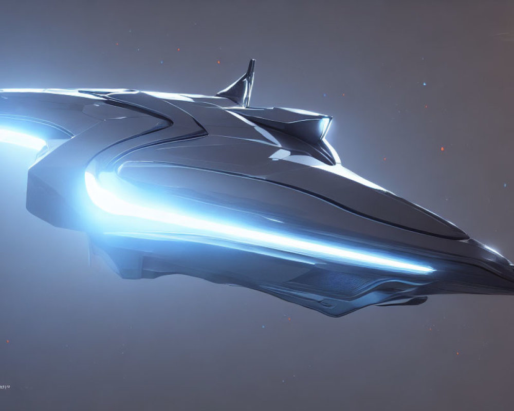 Futuristic spaceship with sleek lines and glowing blue engines against starry background