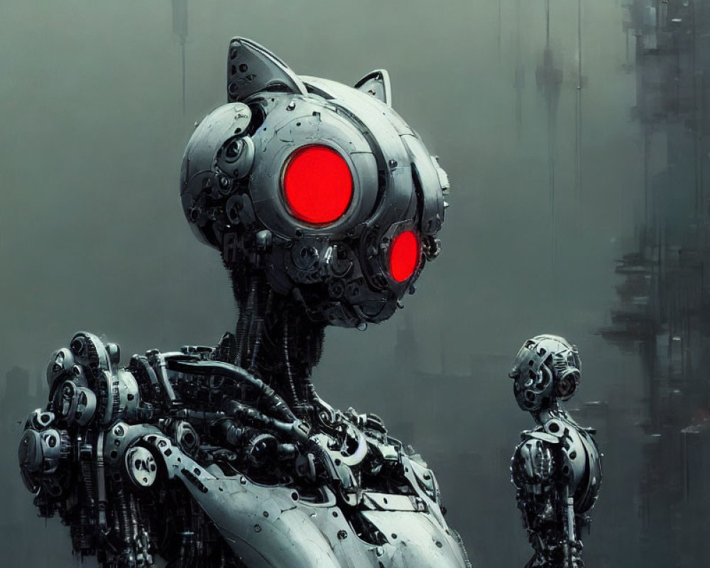 Futuristic robot with glowing red eyes in misty cityscape