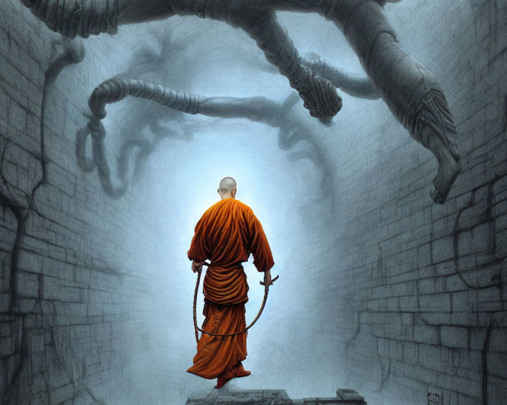 Monk in orange robe gazes at colossal stone hands in canyon.