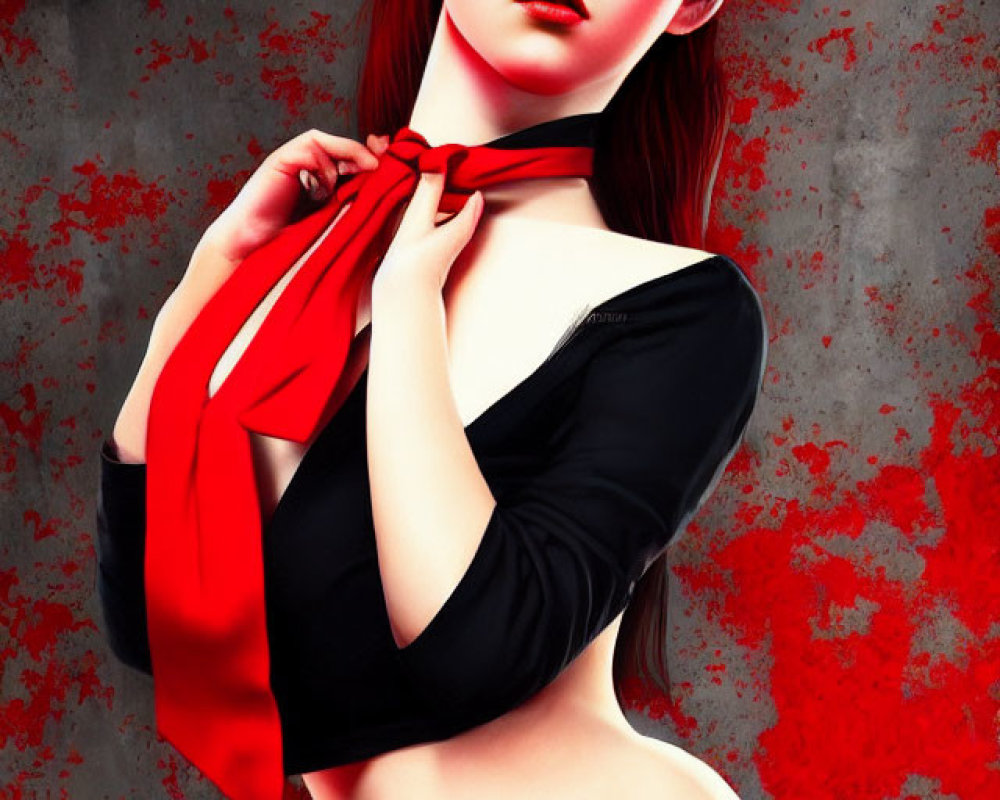 Digital artwork featuring woman with red hair, pale skin, bold makeup, black outfit, and red scarf