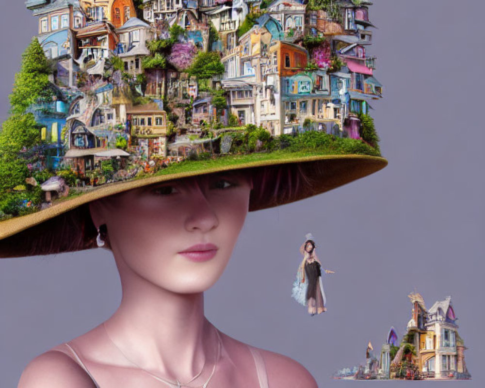 Whimsical miniature town on woman's wide-brimmed hat