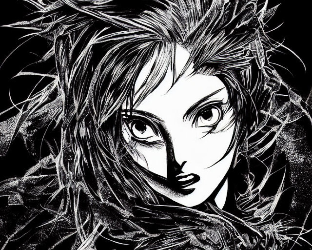 Monochrome illustration of person with dynamic, flowing hair and feathered texture.