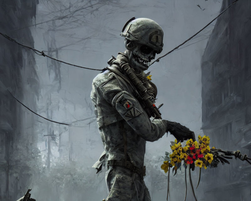 Skeleton soldier holding flowers in urban setting