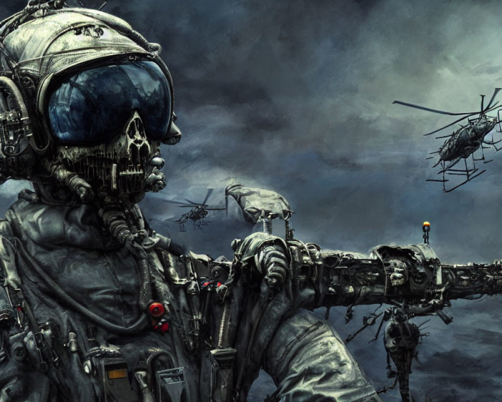 Futuristic soldier in heavy armor with skull-like mask and helicopters in stormy sky