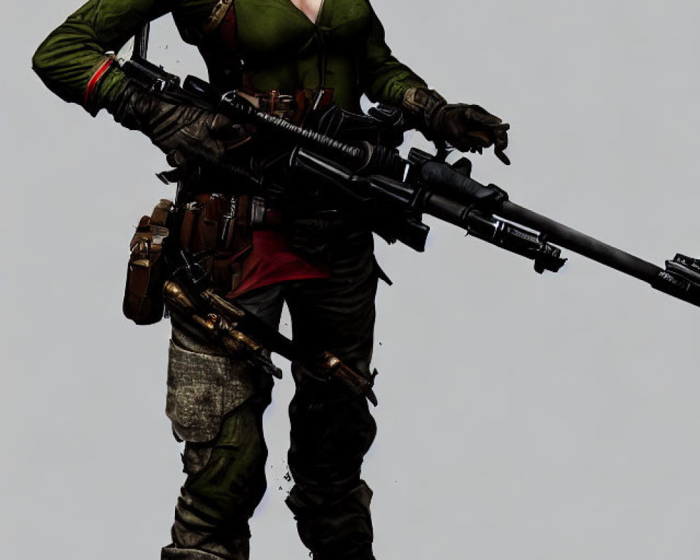 Red-haired female character in green top with sniper rifle and tactical gear