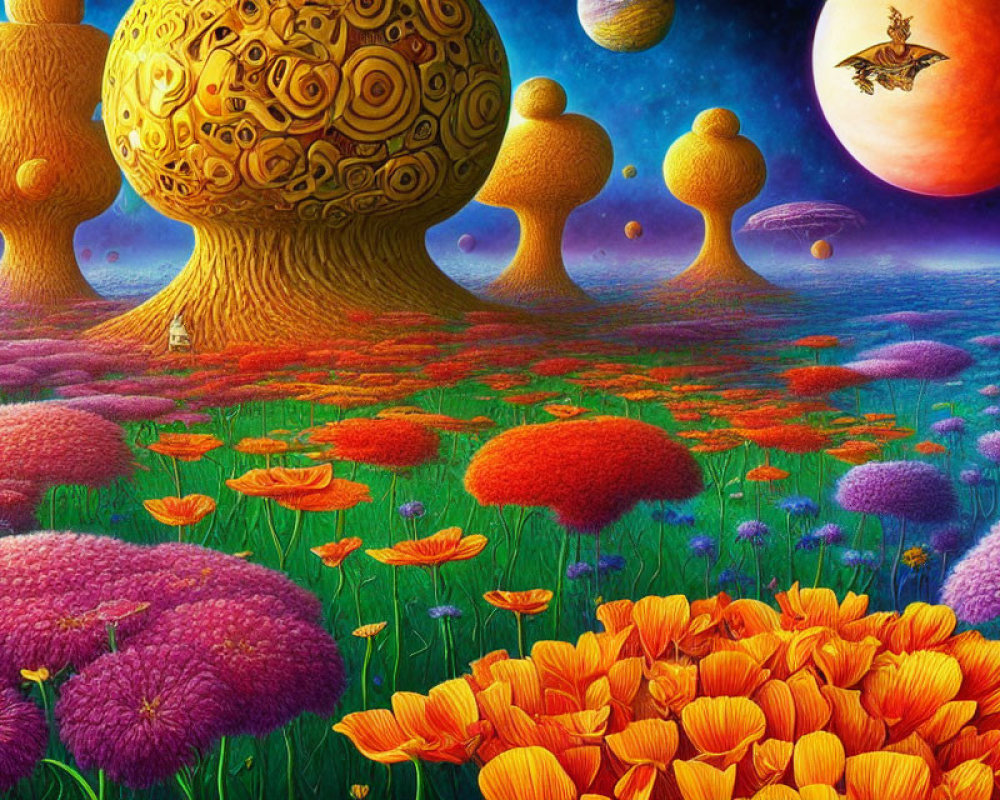 Colorful surreal landscape with whimsical trees, flowers, planets, and dragon-like creature